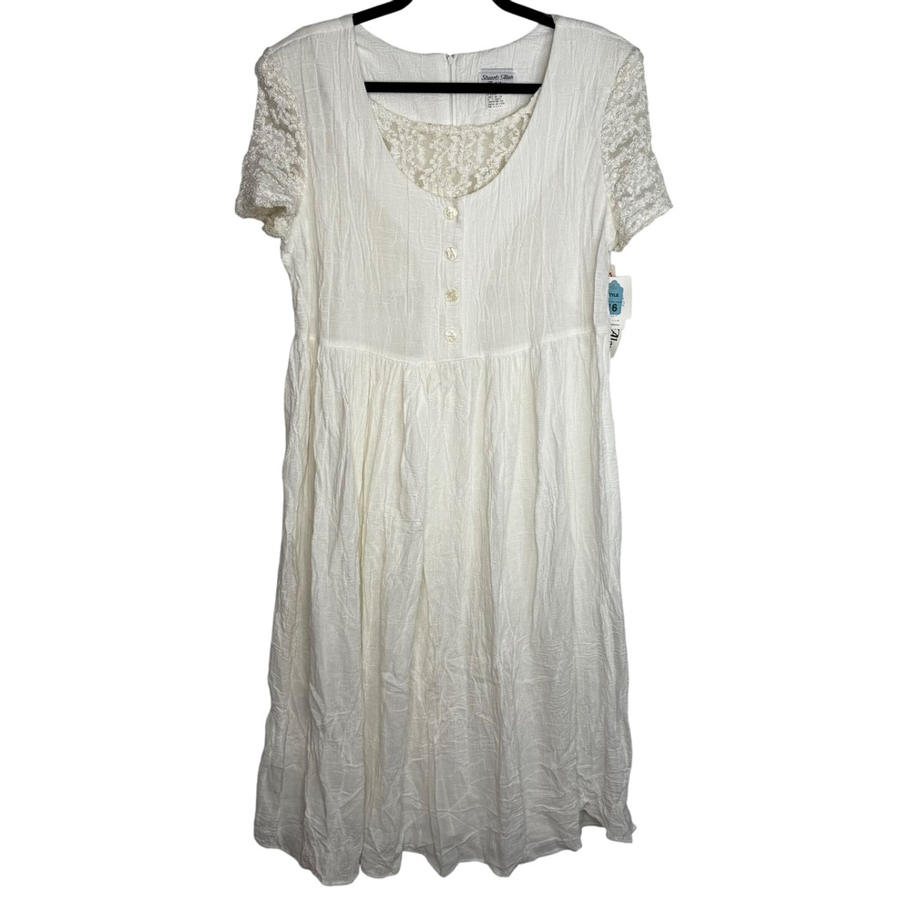 VTG NWT Cottagecore Prairie Fairy Angel Boho Sz 16 White Midi Dress Lace Trimmed